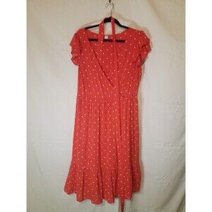 CORAL and white polka dot faux rap dress w/ belt short flutter sleeve size large